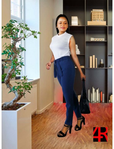 Blue office pant with fabric belt