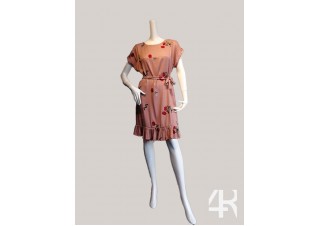 Boat neck Frilled edge embroider knee length dress with Kimono sleeve 