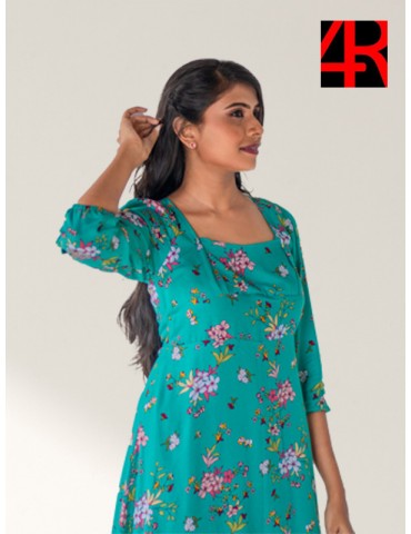 Green color square neck floral knee length dress 