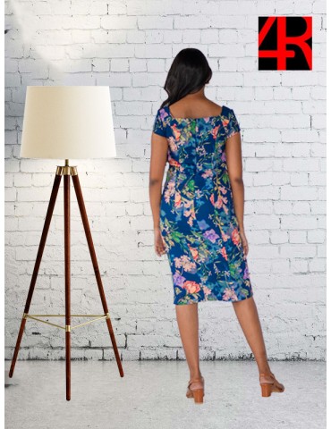 Square neck below knee length floral dress with bell sleeve