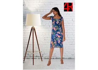 Square neck below knee length floral dress with bell sleeve