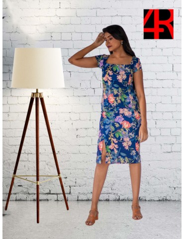 Square neck below knee length floral dress with bell sleeve