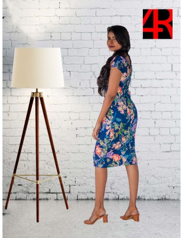 Square neck below knee length floral dress with bell sleeve