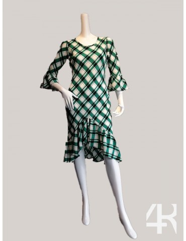 Round neck frilled edge asymmetrical below knee length dress with flounce sleeve