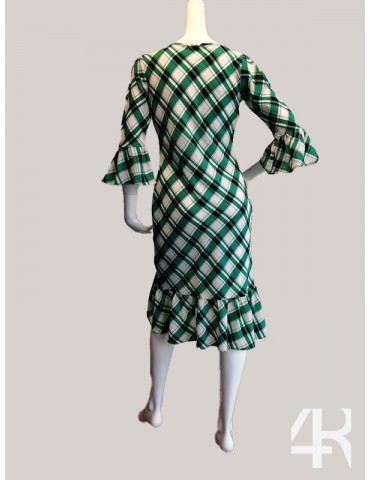 Round neck frilled edge asymmetrical below knee length dress with flounce sleeve