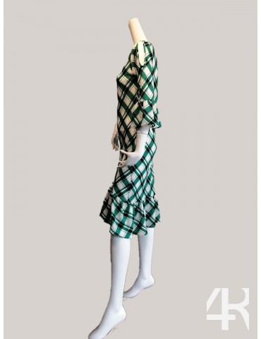 Round neck frilled edge asymmetrical below knee length dress with flounce sleeve